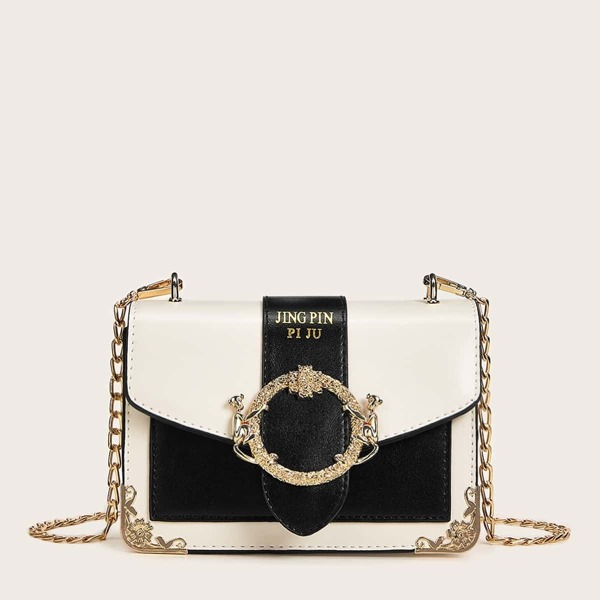 

Two Tone Metal Buckle Decor Chain Bag