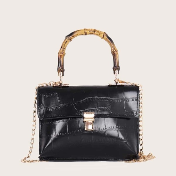 

Metal Lock Croc Embossed Satchel Bag