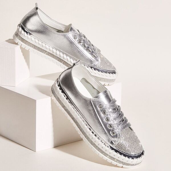 

Metallic Rhinestone Decor Lace-up Front Sneakers