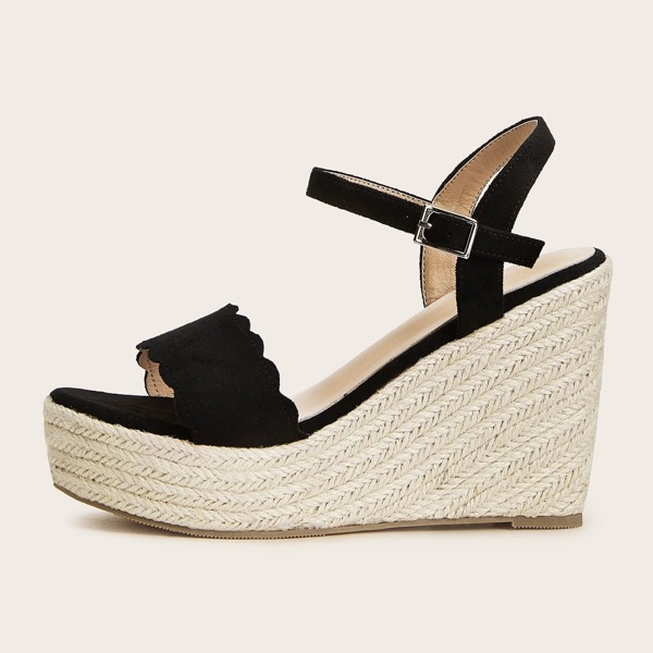 

Scalloped Trim Buckle Strap Espadrille Wedges