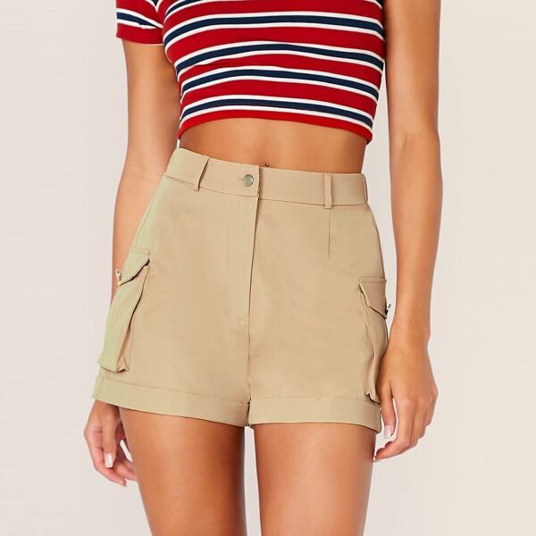 

Flap Pocket Side Rolled Hem Shorts, Khaki