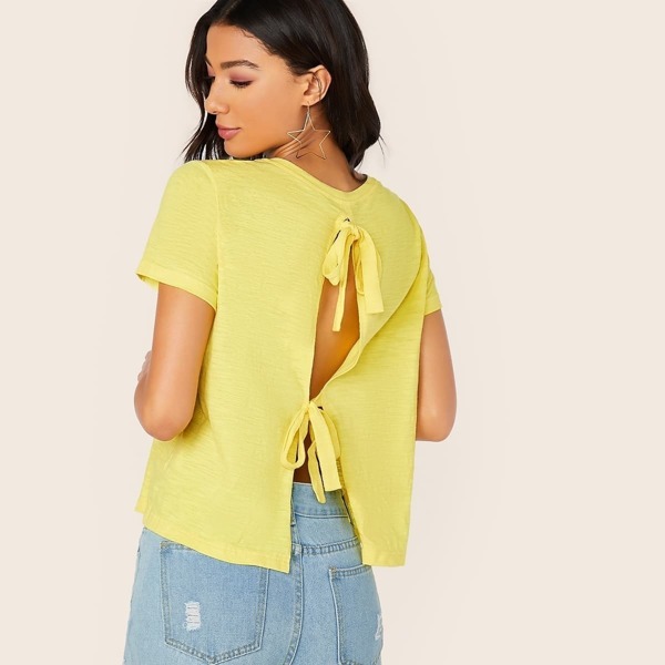 

Solid Tie Back Backless Tee, Yellow pastel