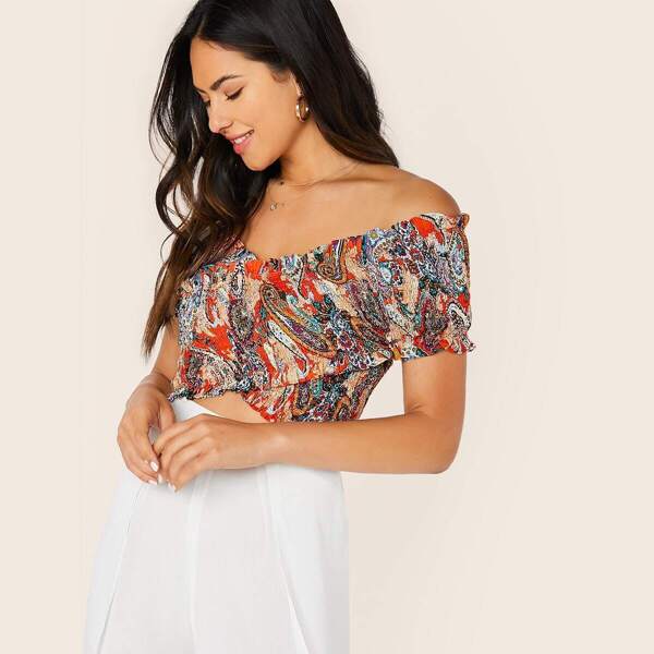 

Crisscross Frilled Trim Paisley Print Shirred Top, Multicolor