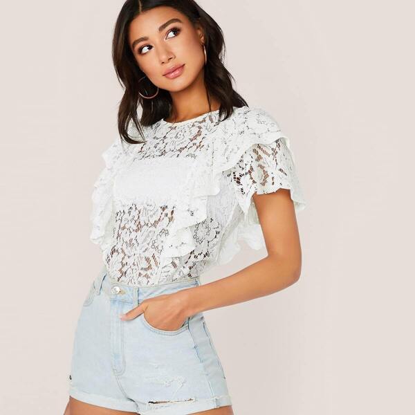

Ruffle Trim Lace Overlay Top Without Bandeau, White