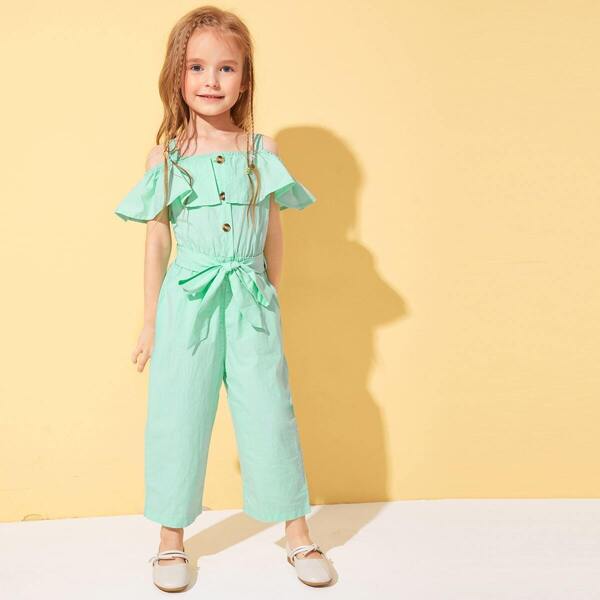 

Toddler Girls Button Front Ruffle Cold-shoulder Belted Jumpsuit, Green pastel