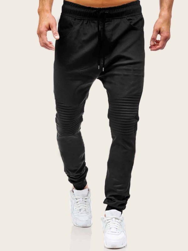 

Men Locomotive Pleats Drawstring Waist Sweatpants, Black
