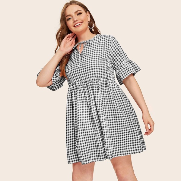 

Plus Gingham Print Tie Neck Flounce Sleeve Dress, Black and white