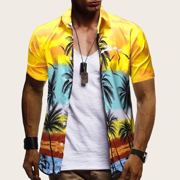 

Men Tropical And Seagull Print Hawaiian Shirt