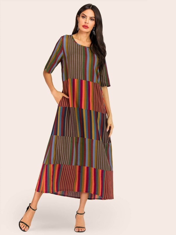 

Colorful Stripe Hidden Pocket Longline Dress, Multicolor