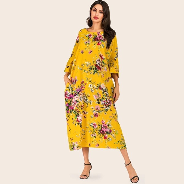 

Floral Print Hidden Pocket Longline Dress, Yellow