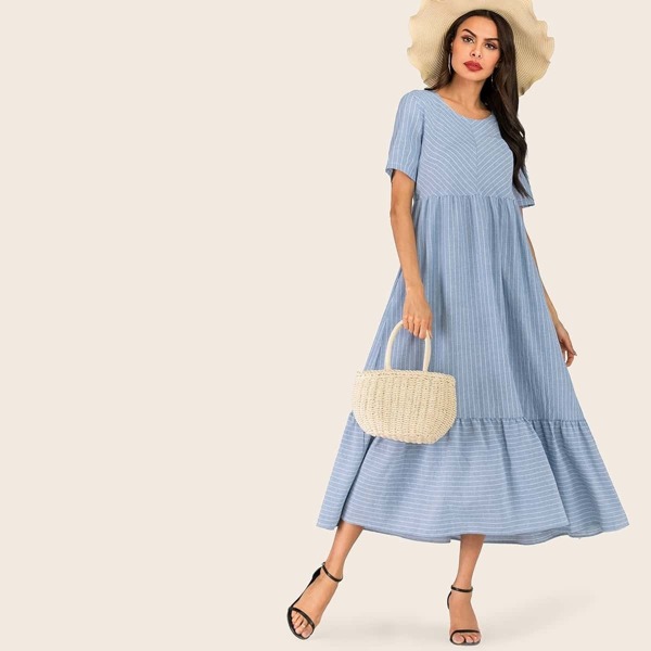 

Striped Ruffle Hem Hidden Pocket Dress, Blue