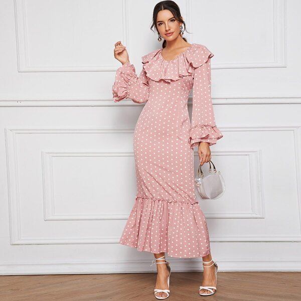 

Polka Dot Ruffle Trim Flounce Hem Dress