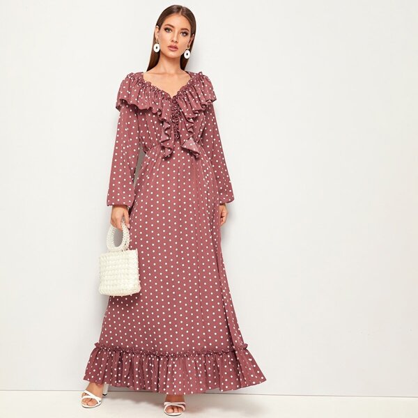 

Polka Dot Ruffle Trim Flounce Hem Dress, Dusty pink