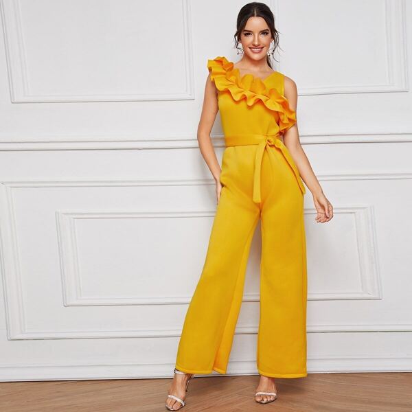 

Exaggerate Ruffle Belted Sleeveless Jumpsuit, Yellow