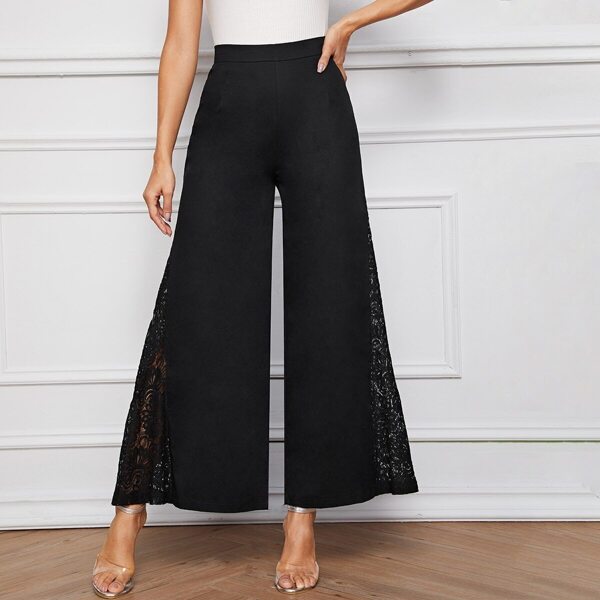 

Lace Contrast Wide Leg Pants, Black