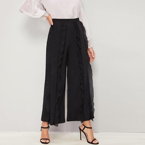 

Solid Ruffle Trim Wide Leg Pants