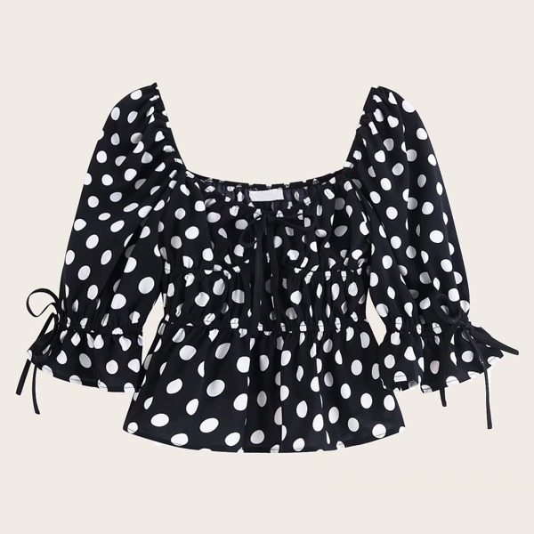 

Tie Neck Polka Dot Peplum Blouse