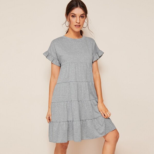 

Flounce Sleeve Solid Smock Dress, Grey