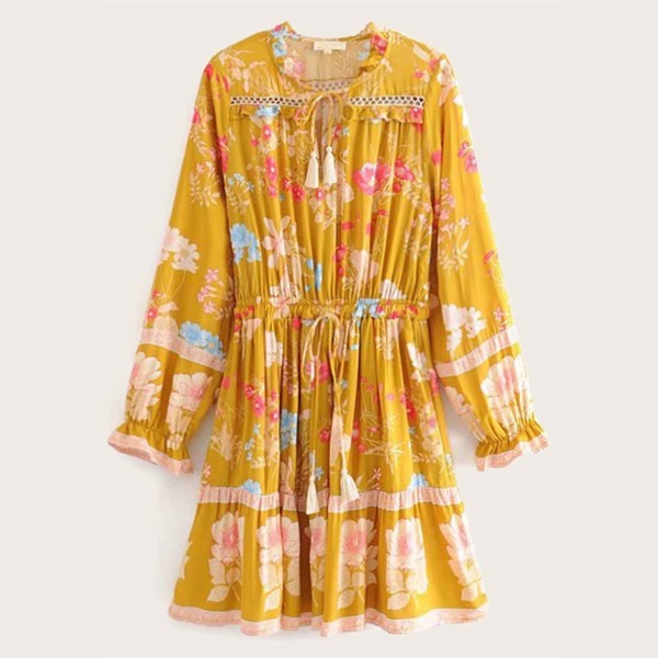 

Tie Neck Floral Print Drawstring Waist Dress