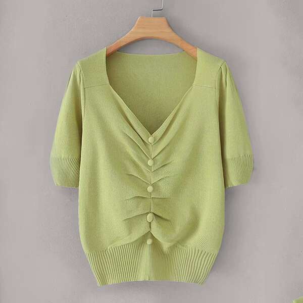 

Button Front Ruched Knit Top