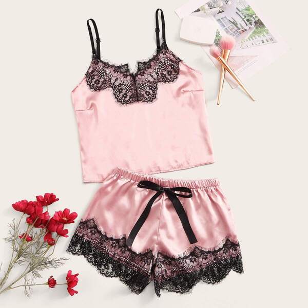 

Eyelash Lace Satin Cami Pajama Set, Pink
