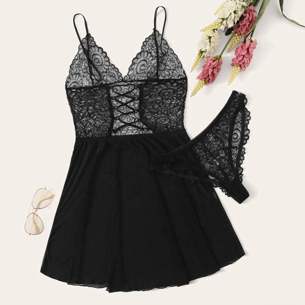 

Floral Lace Sheer Slips With Panty, Black