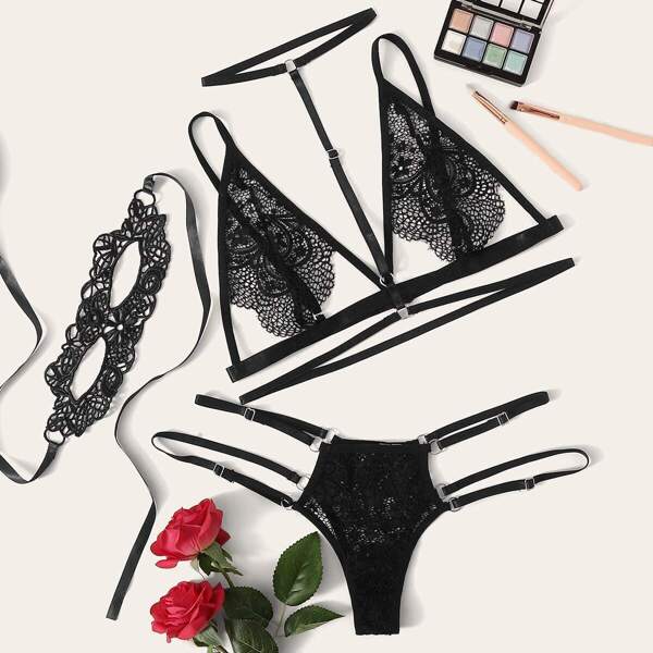 

Floral Lace Lingerie Set With Choker & Eye Mask, Black