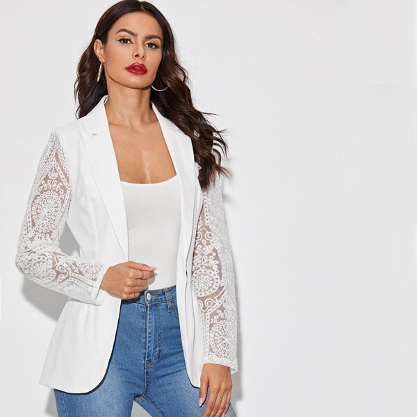 

Solid Embroidered Mesh Sleeve Single Button Blazer, White
