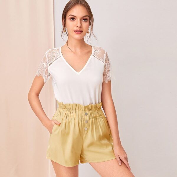 

V-neck Eyelash Lace Panel Top