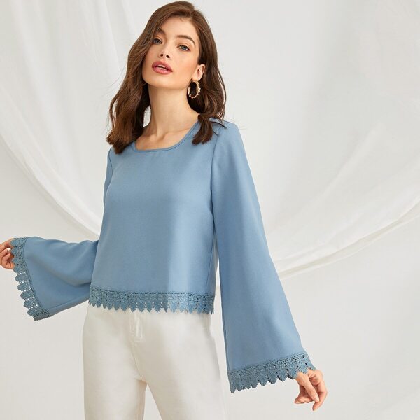 

Bell Sleeve Guipure Lace Trim Top, Blue pastel