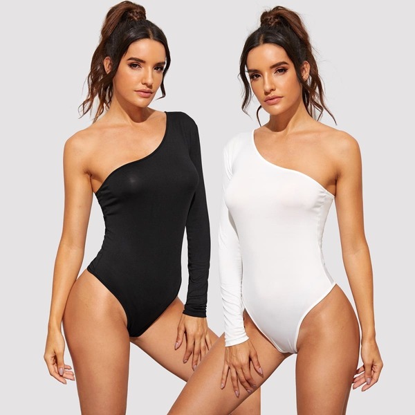 

One Shoulder Solid Skinny Bodysuit 2pcs, Black and white
