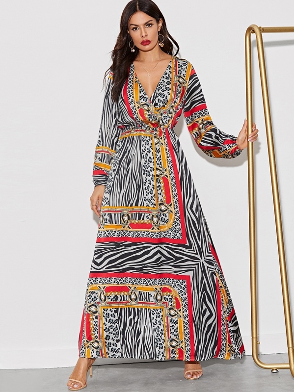 

Animal Scarf Print Surplice Neck Maxi Dress, Multicolor, Andy
