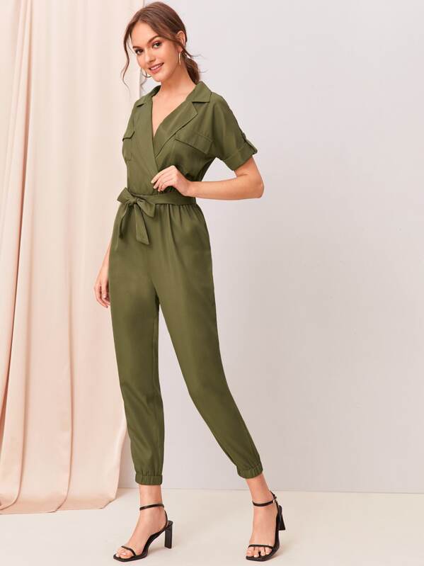 

Solid Pocket Patch Belted Jumpsuit, Army green, Natalia