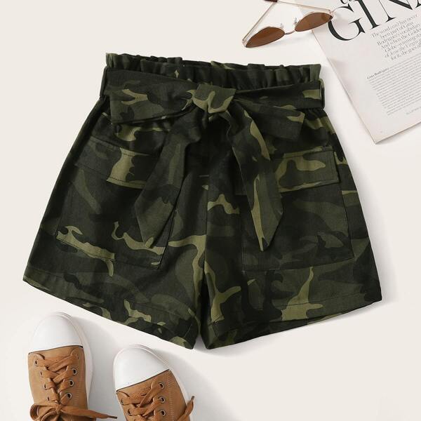 

Camo Print Paperbag Waist Belted Denim Shorts
