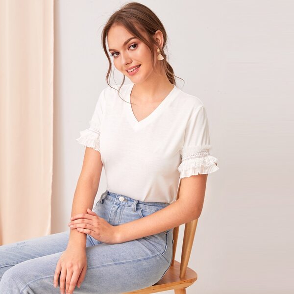 

Lace Trim Pleated Ruffle Solid Tee
