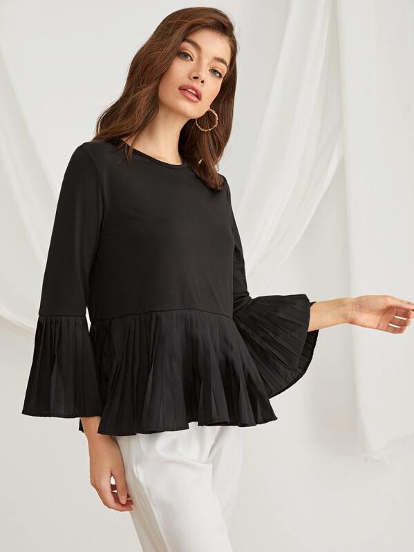 

Pleated Ruffle Trim Solid Top, Black, Nadja