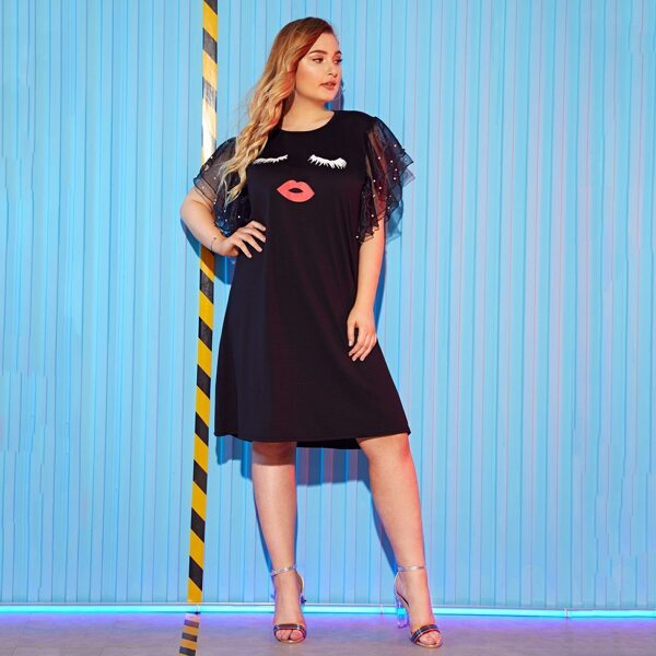 

Plus Contrast Mesh Sleeve Cartoon Print Dress