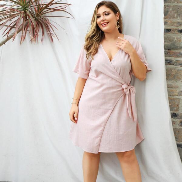 

Plus Solid Tie Side Wrap Dress, Pink pastel