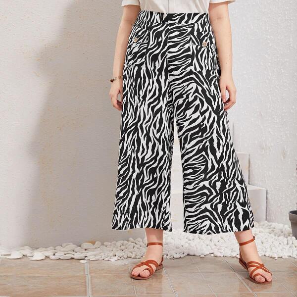 

Plus Zebra Print Wide Leg Pants, Black and white