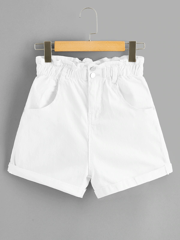 

Plus Solid Paperbag Waist Denim Shorts, White