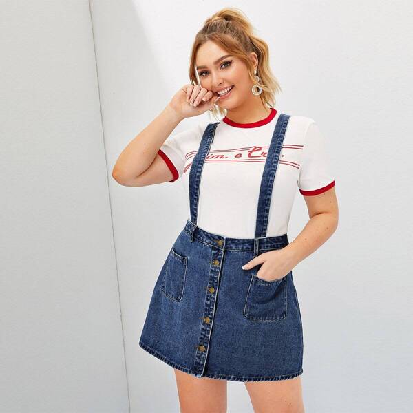 

Plus Dual Pocket Button Front Denim Strap Skirt, Navy