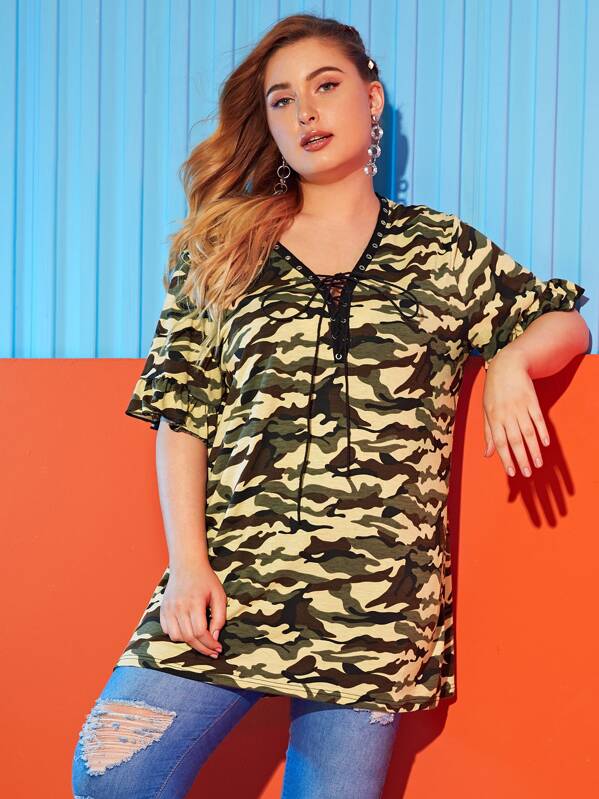 

Plus Camo Print Lace-up Tee, Multicolor, Nora