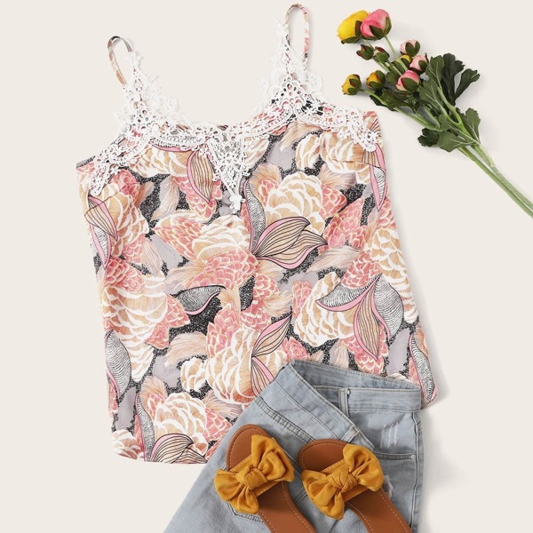 

Plus Contrast Lace Floral Print Cami Top, Multicolor