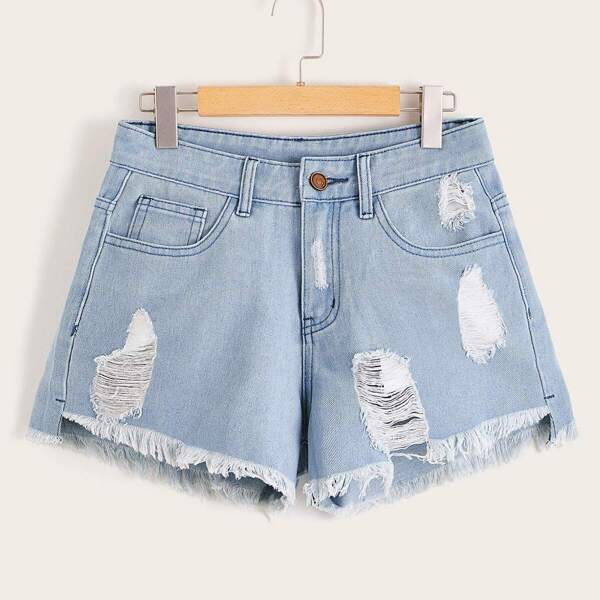 

Button Waist Ripped Raw Hem Denim Shorts