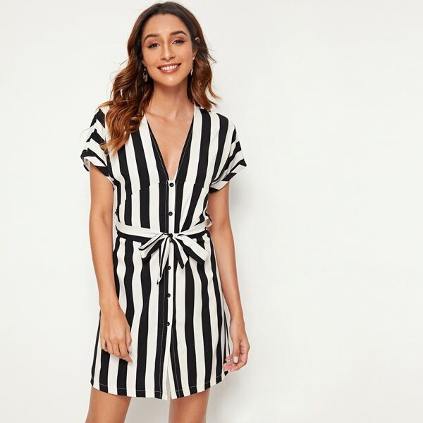 

Deep V Neck Striped Button Front Belted Dress