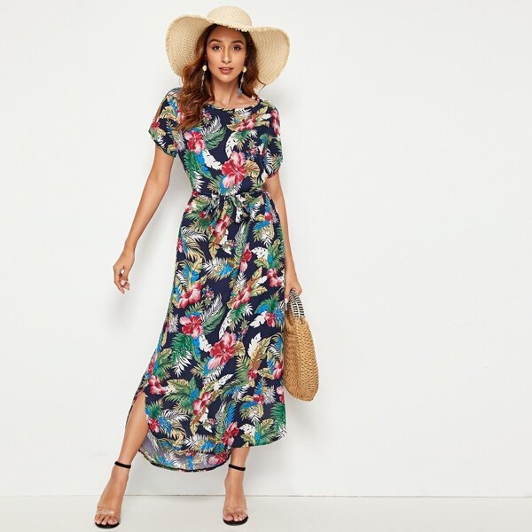 

Tropical & Floral Print Belted Dress, Multicolor