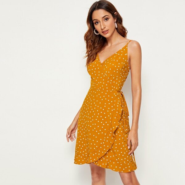 

Polka Dot Ruffle Hem Self Tie Wrap Cami Dress, Yellow