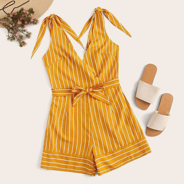 

Surplice Striped Belted Knot Playsuit