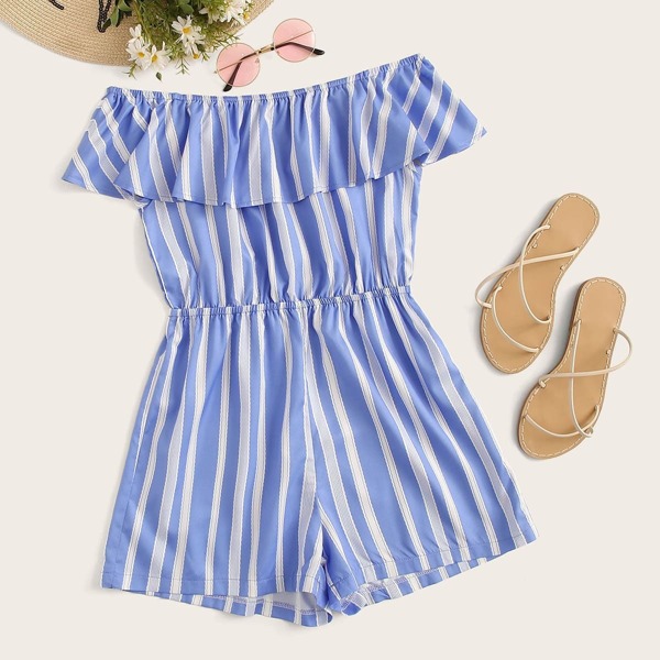

Striped Off Shoulder Ruffle Trim Playsuit, Blue