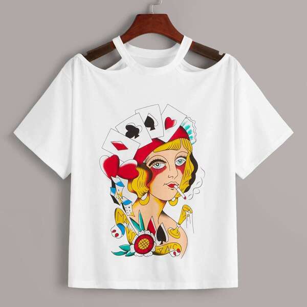 

Open Shoulder Cartoon Print Tee
